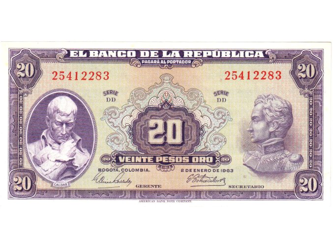 20 Pesos oro 2.1.1963 P392e (B926g) Serie DD UNC (A)