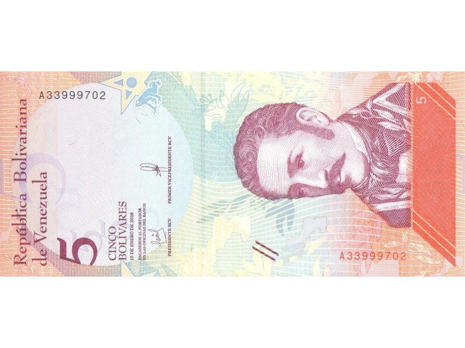 5 bolívares 2018 P102 (B372) Prefix A UNC (A)