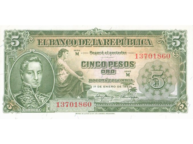5 Pesos oro 1953 P399a (B939a) Serie M UNC (A)