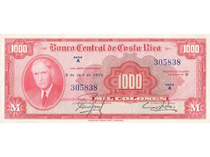 1000 Colones 2 de april de 1973 P226c (B520s) Series A UNC (A)
