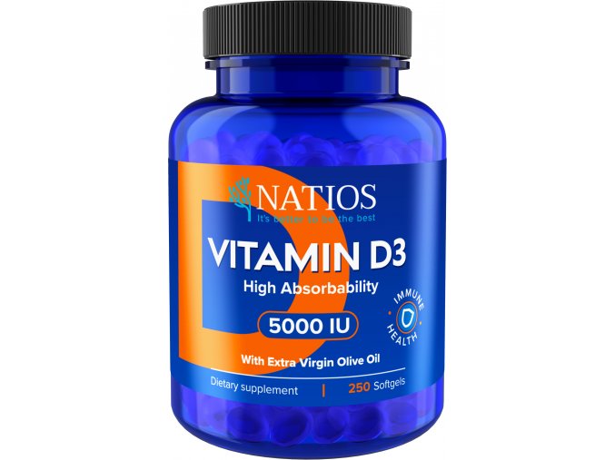 Natios Vitamin D3, Vysoce vstřebatelný, 5000 IU, 250 softgel kapslí (s olivovým olejem)