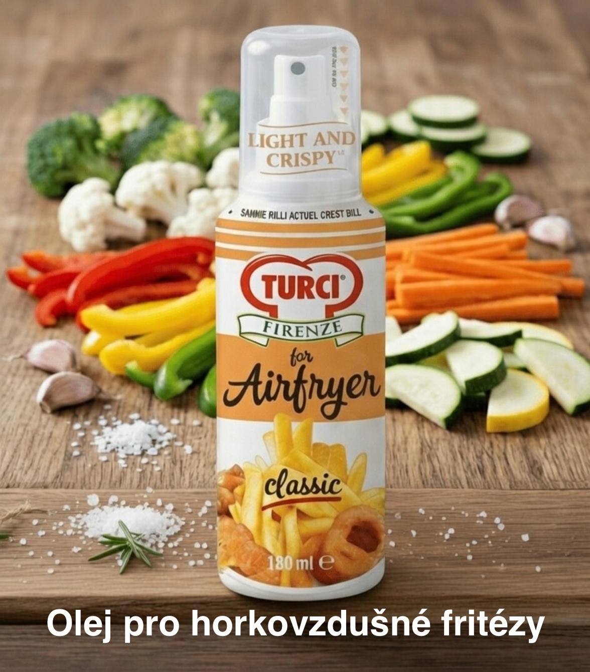 Inovativní sprej Turci Frizzle Fry pro horkovzdušné fritézy, unikátní receptura s vodou pro křupavé jídlo s polovičním obsahem tuku