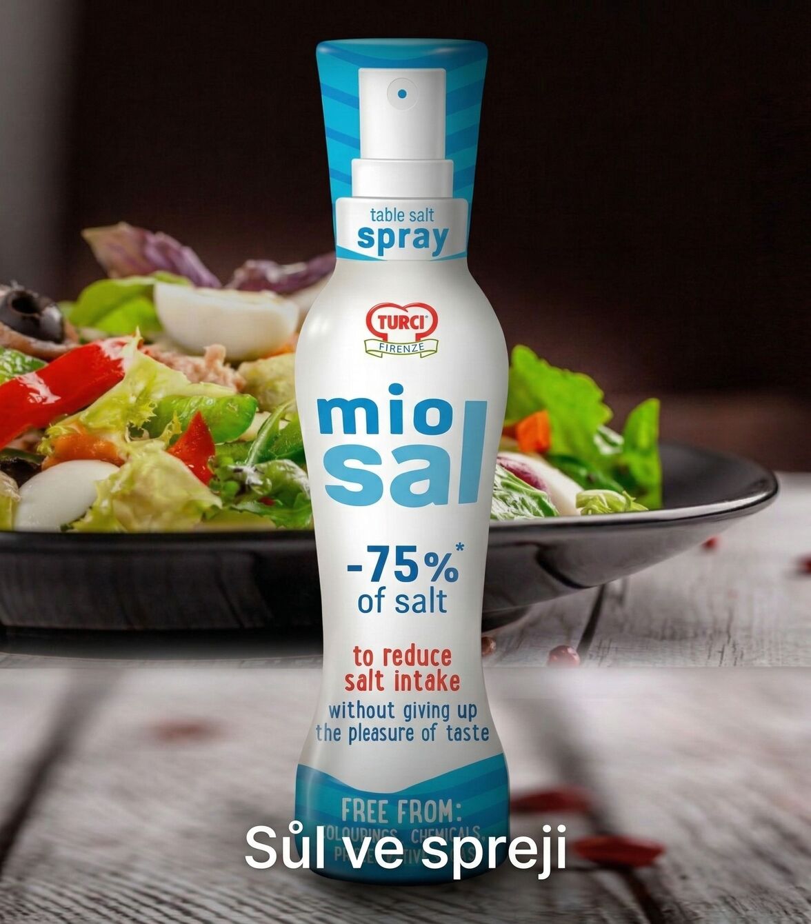 Italská mořská sůl ve spreji MioSal Turci, přírodní solný roztok pro zdravé solení bez aditiv