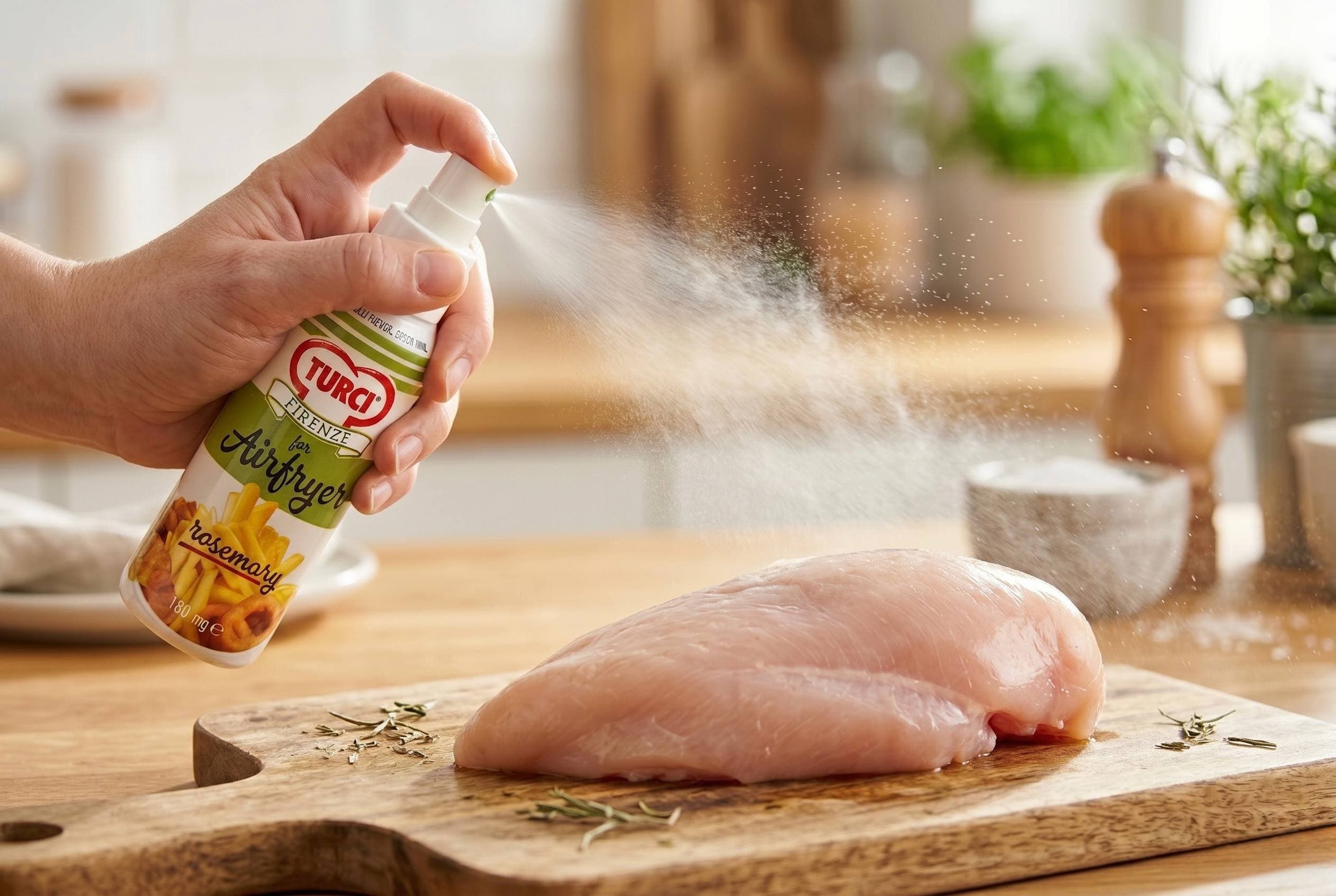 Kuřecí prso postříkané rozmarýnovým olejem ve spreji před vložením do airfryeru