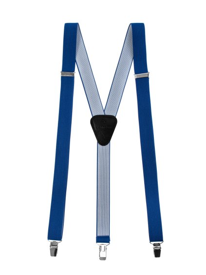 Královsky modré šle s černým koženým středem