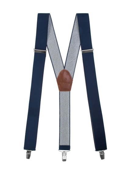 Tmavě modré šle s hnědým koženým středem