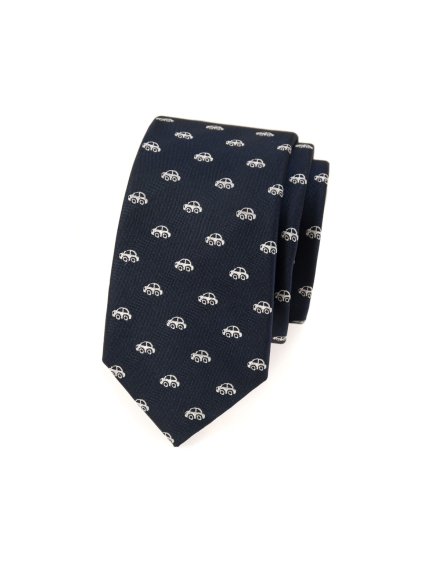 Tmavě modrá slim kravata se vzorem - auto