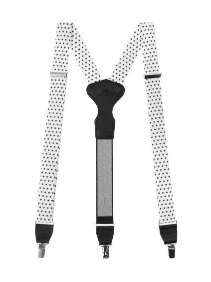 Bílé látkové šle s černými puntíky a černým středem + krabička