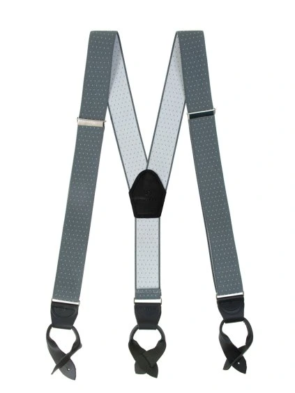 Šedé šle s koženými poutky a černým středem