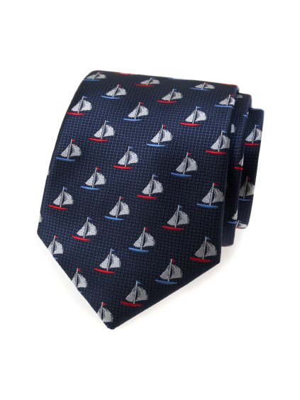 Tmavě modrá pánská kravata se vzorem - Barevné plachetnice