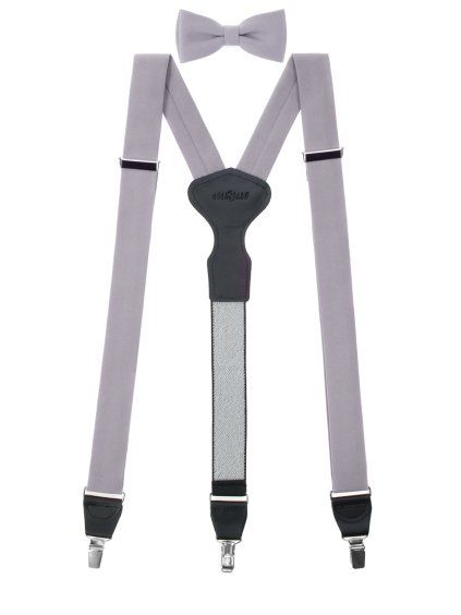 Šedá pánská sada motýlek + pánské kšandy s černým středem