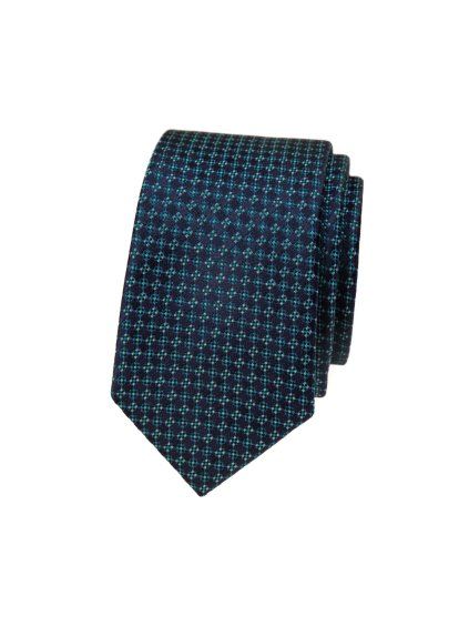 Tmavě modrá luxusní pánská slim kravata s tyrkysovým vzorem