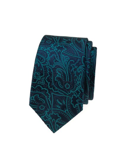 Tmavě modrá luxusní slim kravata s tyrkysovým vzorem