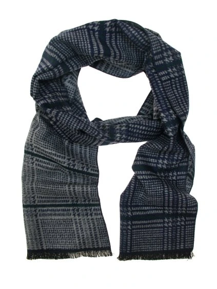 Tmavě modrá pánská šála s šedým vzorem a třásněmi