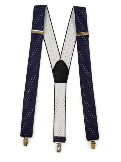 Modré šle s jemnými bílými puntíky