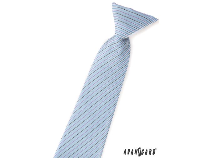 Světle modrá chlapecká kravata s jemnými černými a fialovými proužky