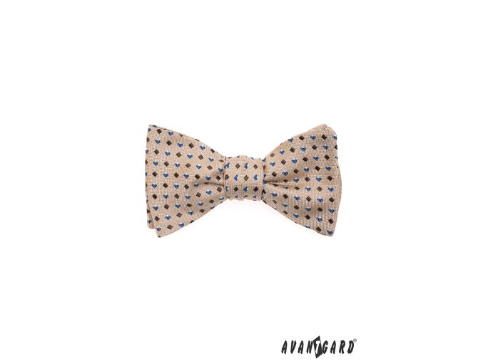 Béžový vázací motýlek s modrým vzorem + kapesníček