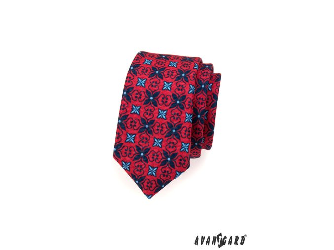 Červená slim kravata s tmavě modrým květinovým vzorem