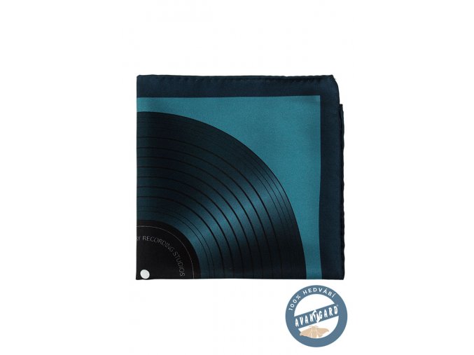 Tmavě modrý hedvábný kapesníček se vzorem gramofonové desky