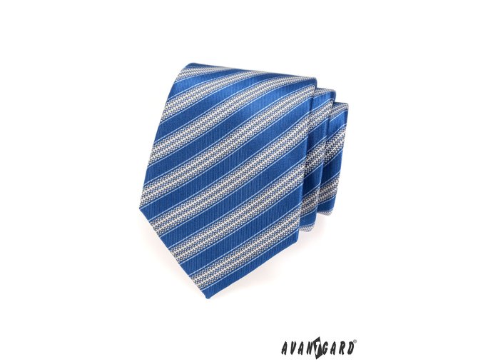 Modrá kravata s širokými světlými pruhy