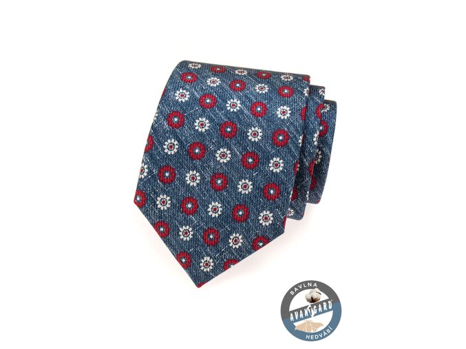 Modrá kravata s červenými a bílými květy