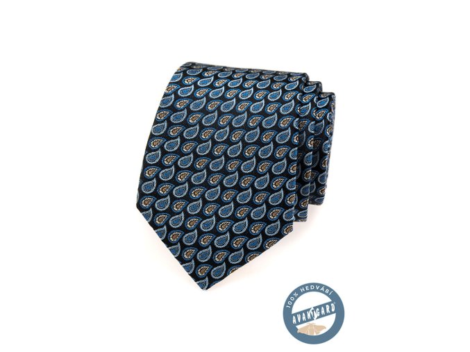 Tmavě modrá hedvábná kravata se vzorem - kapka vody