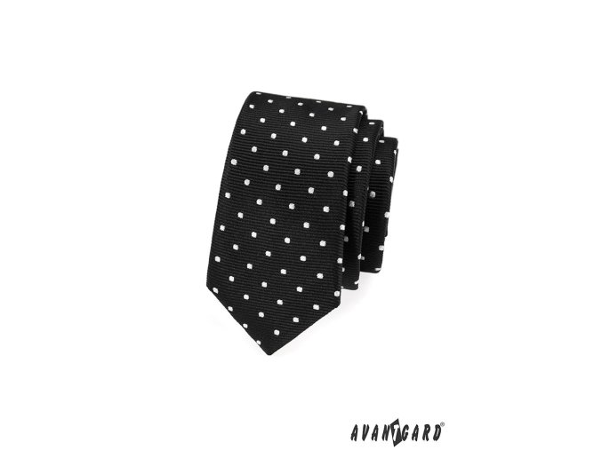 Černá slim kravata s rýhovaným povrchem a bílými puntíky