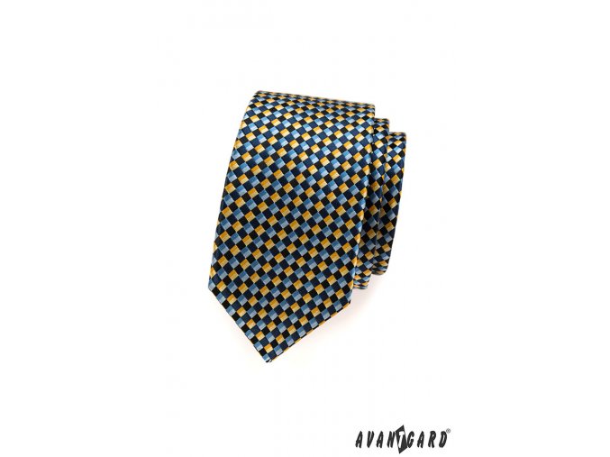 Modrá slim kravata s modro-žlutou šachovnicí