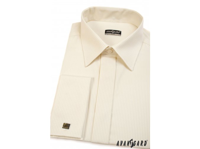 Pánská smetanová košile s jemnými pruhy SLIM FIT, krytá léga, na manžetové knoflíčky 514-1103