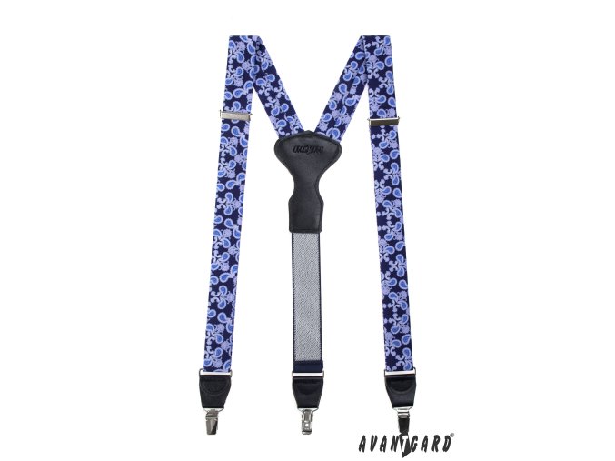 Tmavě modré látkové šle s modrým vzorem v krabičce