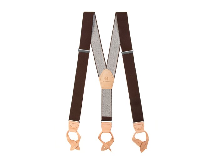 Hnědé široké šle s béžovým koženým středem a koženými poutky