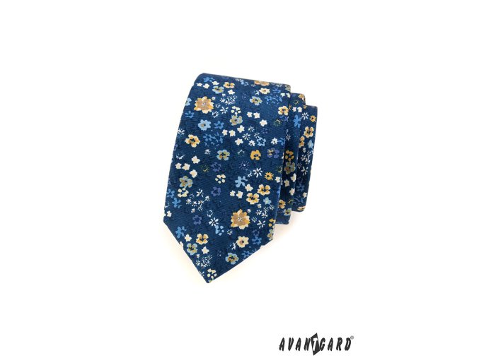 Modrá slim kravata s drobnými květinkami