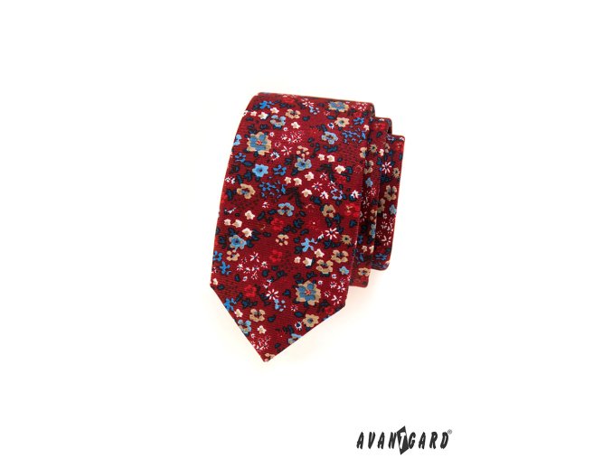 Bordó slim kravata s květinkami