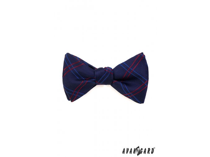 Tmavě modrý vázací motýlek s károvaným vzorem + kapesníček do saka