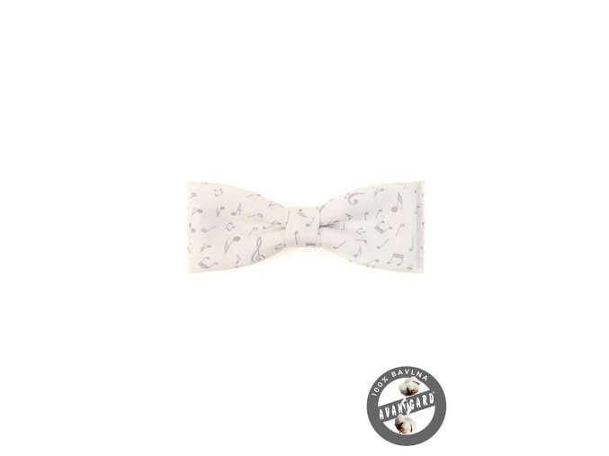 Bílý pánský motýlek se vzorem - noty (10 cm)