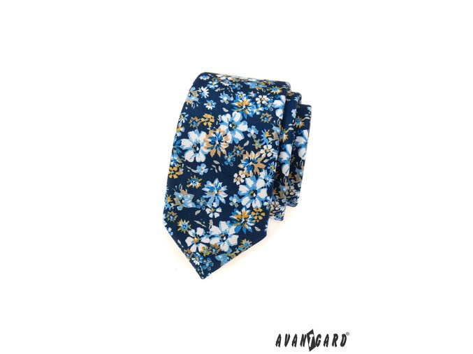 Tmavě modrá slim kravata s květy