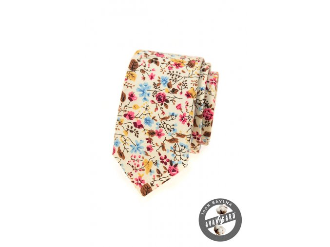 Smetanová bavlněná slim kravata s květy