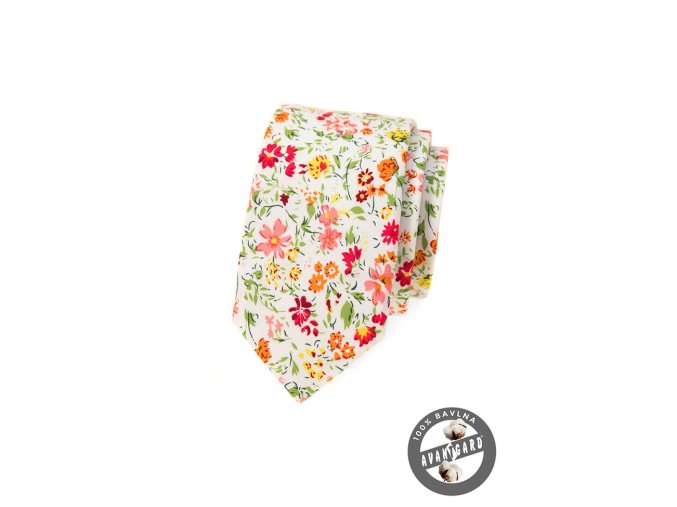 Bílá bavlněná slim kravata s květy
