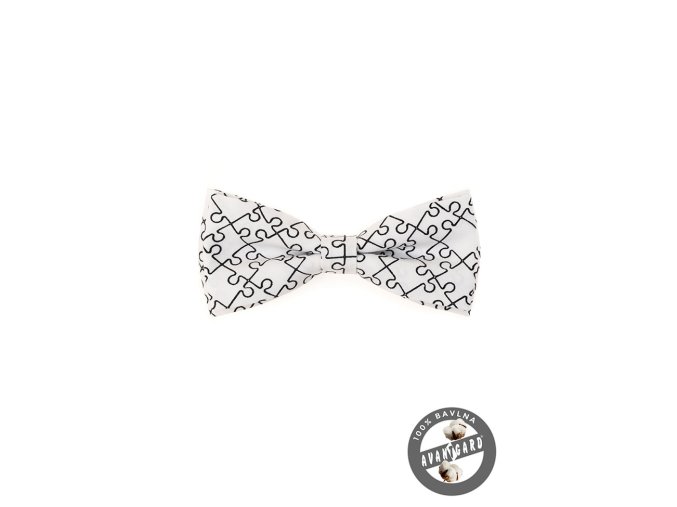 Bílý bavlněný pánský motýlek se vzorem - puzzle (12,5 cm)