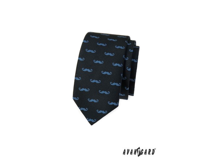 Černá slim kravata s modrými knírky