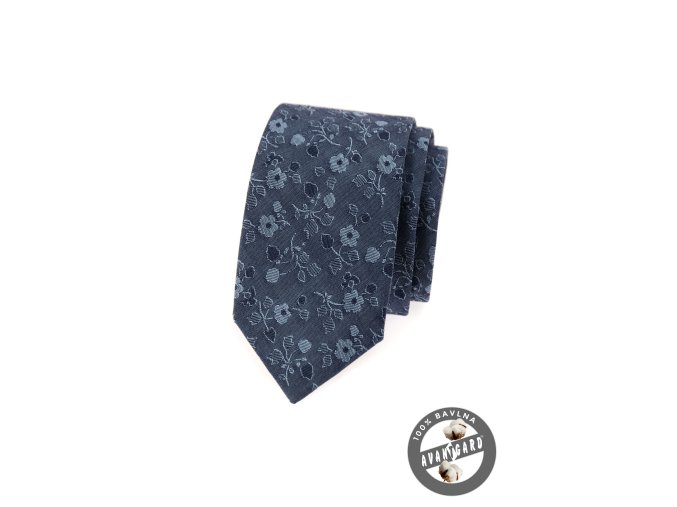 Modrá džínová slim kravata s květy
