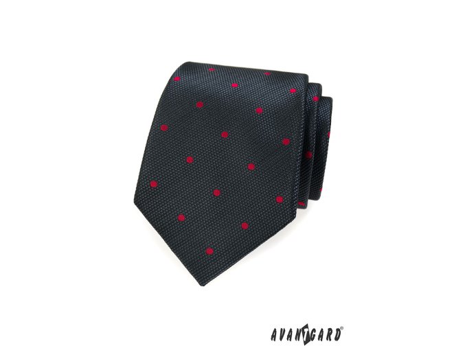 Velmi tmavě grafitová kravata s červenými puntíky