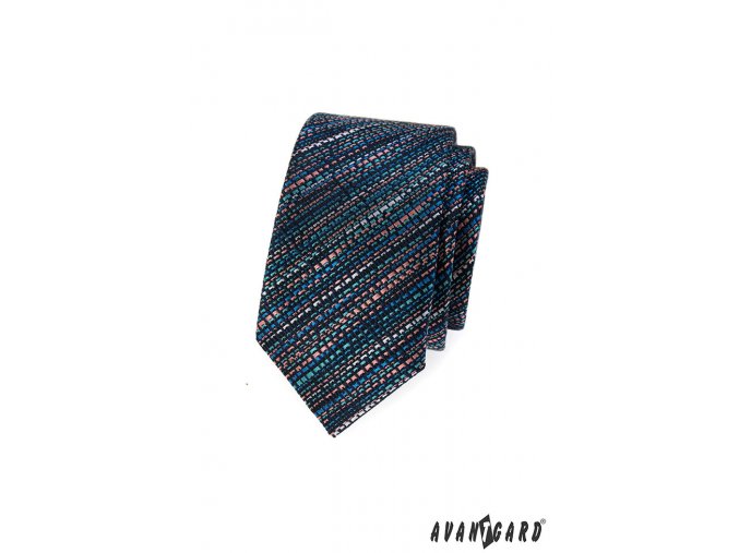 Tmavě modrá slim kravata s barevným vzorkem