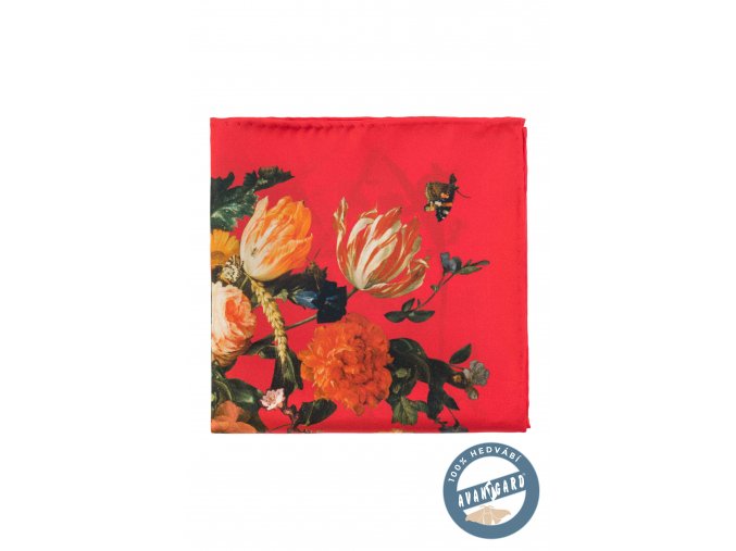 Červený hedvábný kapesníček s květovaným vzorem