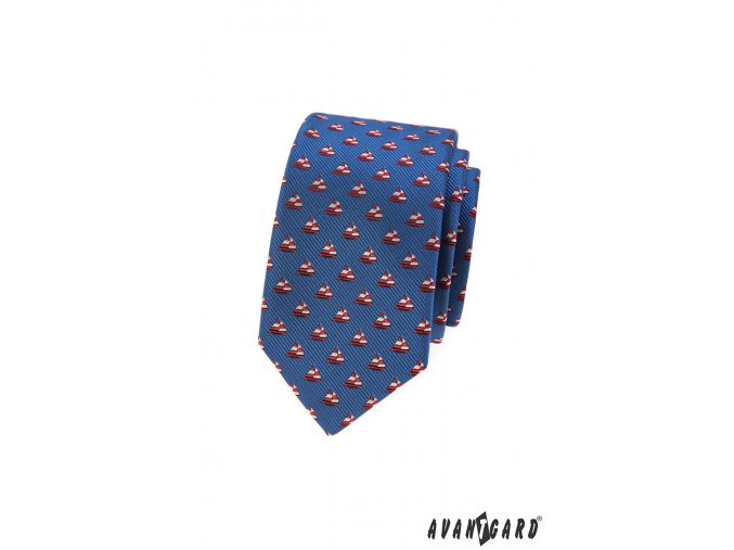 Modrá slim kravata se vzorem - červená plachetnice