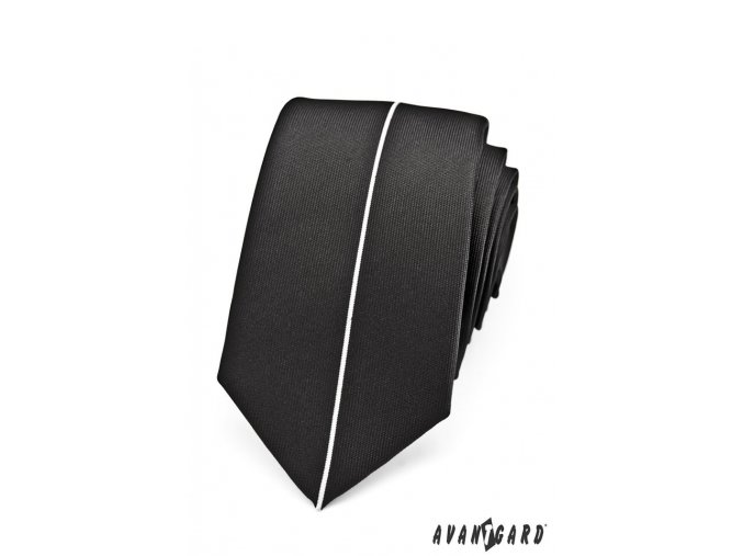 Černá luxusní SLIM kravata s tenkým bílým proužkem _