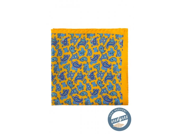Žlutý hedvábný kapesníček s modrým výrazným vzorem