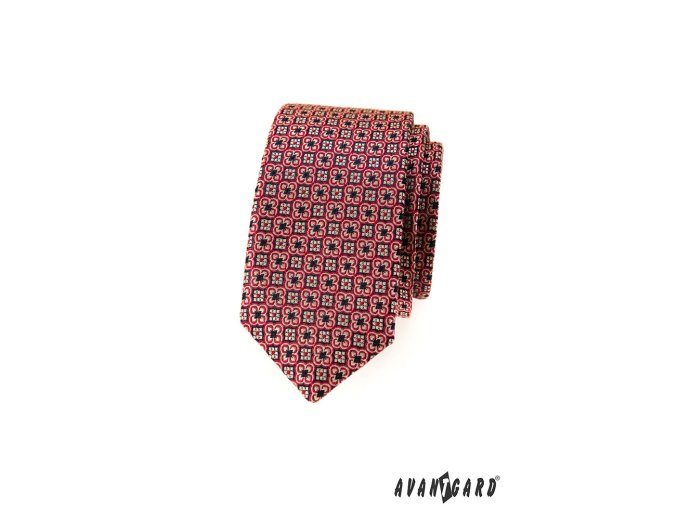 Červená slim kravata s květovaným vzorem