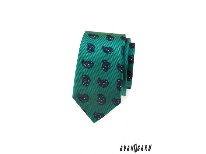 Zelená slim kravata s výrazným modrým vzorem