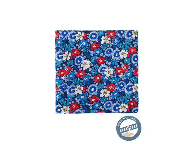 Tmavě modrý hedvábný kapesníček s květy